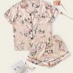 Set pijama cu pantaloni scurti si camasa, imprimeu floral, roz, dama, Shein, Shein