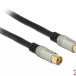 Cablu de antena IEC Plug la IEC Jack RG-6/U ecranat 3m Negru Premium, Delock 88947, Delock