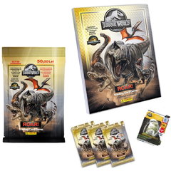 Set album cu 3 pachete si 1 card editie limitata, Panini, Jurassic World Starter Pack, Panini