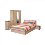 Set dormitor CORINNE, 5 piese, pat 140x200 cm, dulap 3 usi, 2 noptiere, comoda, sonoma deschis, cant sonoma inchis, Mobila SA