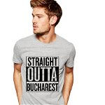 Tricou barbati gri cu text negru - Straight Outta Bucuresti, THEICONIC