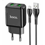 Incarcator Priza 2xUSB-A, Q.C 3.0, 18W, 3.0A + Cablu Micro-USB 1m Hoco (N6 Charmer) Negru