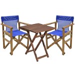 Set de gradina masa si scaune Retto 3 bucati din lemn masiv de fag culoarea nuc, PVC albastru 60x60x71cm, Pako World