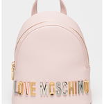 Love Moschino, Rucsac din piele ecologica cu aplicatie logo metalica, Auriu, Roz pastel, Argintiu