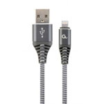 Cablu de date Premium Cotton Braided, USB - Lightning, 2m, Grey-White, Gembird