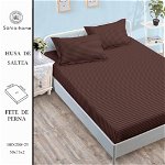 Husa de pat cu elastic 180x200 din Bumbac Finet + 2 Fete de Perna - Uni Cu Linii Maro, SONIA-HOME