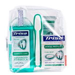 Pachet Trisa Travel format din pasta de dinti Trisa Revital Sensitive Mini 15 ml plus periuta dinti Trisa travel plus pastilele dentare TRISA plus apa de gura Trisa Complete Care 100 ml + Xylitol