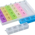 Organizator medicamente 7 zile cu 4 compartimente Takone, plastic, multicolor, 17,5 x 10,5 x 2,5 cm