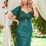 Rochie din material subtire verde midi tip creion cu aplicatii cu sclipici accesorizata cu cordon, 