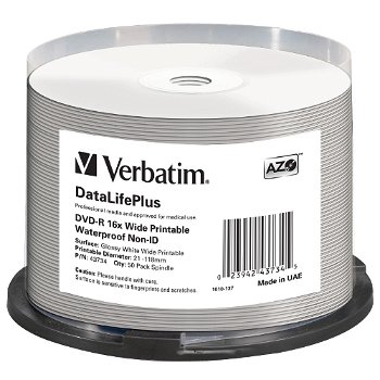 Mediu stocare Verbatim DVD-R 4.7GB 16x No ID brand Wide Inkjet Printable Waterproof spindle 50 buc