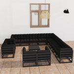 Set mobilier de grădină cu perne14 piese, negru, lemn masiv pin, Casa Practica