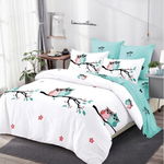 PACHET PROMO COMPLET: Lenjerie pat dublu BUMBAC FINET cu elastic 6 piese Turquoise flori bufnite, Primavara Casa