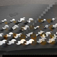 Set din 12 Perechi ?tifturi Ureche, Simpli, sub Forma de Patrat, Inima, cu Zirconiu, Strasuri, Neer