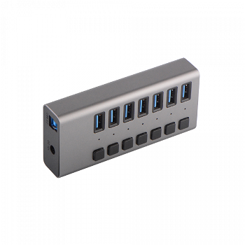 Hub USB 3.0 cu 7 porturi USB 3.0 pentru cu buton de intrerupere activitate si alimentare priza 12V gri, krasscom