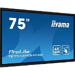 Monitor tactil interactiv, Iiyama, 4K, ProLite TE7514MIS-B1AG de 75 inchi, LED IPS, Android13, iiWare11, ScreenShare, 24/7, WiFi, USB-C
