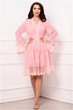 Rochie de zi eleganta rose din voal cu buline si aplicatii din dantela, Produse