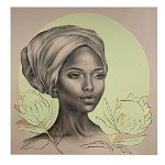 Tablou portret carbune femeie africana si flori, verde 1322 - Material produs:: Poster pe hartie FARA RAMA, Dimensiunea:: 100x100 cm, 