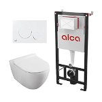 Set rezervor WC cu cadru incastrat Alcadrain AM101/1120 si clapeta M676 alb mat plus vas WC Fluminia Minerva cu capac softclose alb