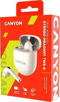Căști Canyon CANYON TWS-6, căști Bluetooth, cu microfon, BT V5.3 JL 6976D4, răspuns în frecvență: 20Hz-20kHz, acumulator EarBud 30mAh*2+Carcasă de încărcare 400mAh, lungime cablu tip C 0.24m, Dimensiune: 64*48 *26 mm, 0,040 kg, bej, Canyon