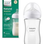 Biberon din sticla Philips Avent Natural Response SCY933/01, 240 ml, Debit 3, Tetina fara scurgeri, +1 luni, Fara BPA (Alb/Transparent), Philips Avent