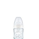 Biberon sticla Nuk, first choice, tetina silicon, 0-6 luni, 120 ml, alba cu stelute gri