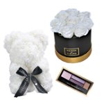 Set Cadou Aranjament floral cutie rotunda neagra cu trandafiri albi de sapun, Ursulet floral Alb 25cm si Paleta fard, FashionForYou