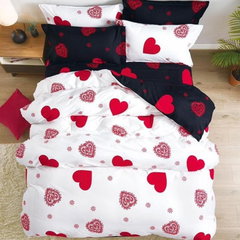 Lenjerie pat dublu cu ELASTIC Finet Soft - 3 Bucati 219 Lei -  Alb-Rosu inimioare, Home Pucioasa