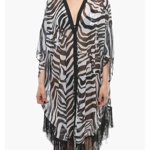 Karl Lagerfeld Animal Patterned Swimsuit Cover-Up With Fringes Black & White