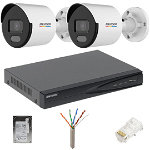Kit 2 camere de supraveghere Hikvision IP,Lumina alba 30m, PoE, 5MP, lentila 2.8mm, NVR 4 canale IP, Accesorii, Hikvision