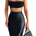 Fusta midi Isabella, din piele ecologica, cu slit si fermoar asimetric, Negru, FashionForYou