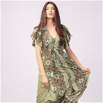 Rochie lunga cu volan si imprimeu floral, din matase indiana verde menta - maro, Shopika