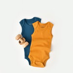 Set 2 body-uri fara maneci bebe unisex din bumbac organic si modal - bleumarin/sofran, baby cosy (marime: 0-3 luni), BabyJem