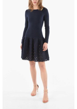 Alaïa Stretchy Knit Dress With Laser Cut Embroideries Blue
