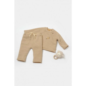 Set bluza dublata si pantaloni, Winter muselin, 100% bumbac - Apricot, BabyCosy (Marime: 6-9 luni), BabyCosy
