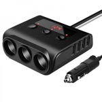 Adaptor priza auto multisocket 100W 3x soclu auto , 4 x USB 3.6A, afisaj display voltaj, cu siguranta, cablu 58cm, negru, krasscom