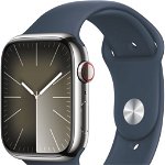 Apple Watch 9, GPS, Cellular, Carcasa Silver Stainless Steel 45mm, Storm Blue Sport Band - S/M, Apple