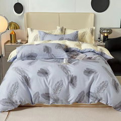 Lenjerie de pat percalle Ralex Pucioasa PRC152, 100% bumbac, albastru deschis, imprimeu cu pene, King size 6 piese