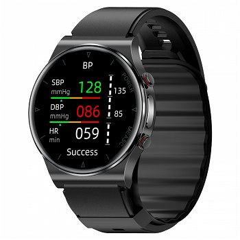 Smartwatch iSEN Watch P70 cu bratara neagra din TPU, Ecran HD 1.32inch, Tensiometru cu manseta gonflabila, EKG, HR, Temperatura, Oxigen SpO2 (Negru), iSEN