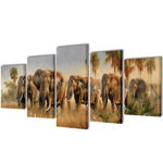 Set de 5 tablouri pe panza, imprimeu cu elefanti, vidaXL, Tesatura, 200 x 100 cm, Multicolor