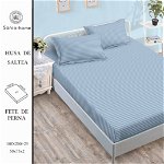Husa de pat cu elastic 180x200 din Bumbac Finet + 2 Fete de Perna - Uni Cu Linii Albastru, SONIA-HOME