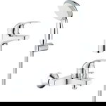 Pachet baterii Grohe Start Curve: baterie cada + baterie lavoar + para de dus cu suport, cartus ceramic, 1/2, diverter, crom, Grohe
