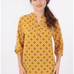 Bluza mustar cu print geometric si guler tunica
