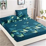 Husa de pat cu elastic din Bumbac Finet + 2 Fete de Perna, Green Butterflies, JOJO HOME
