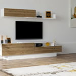 Comoda TV cu raft, Puqa Design, Elda, pal melaminat, alb/nuc, Puqa Design