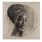 Tablou portret carbune femeie africana cu turban, auriu 1318 - Material produs:: Poster pe hartie FARA RAMA, Dimensiunea:: 100x100 cm, 