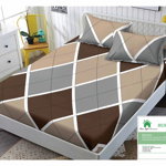 Husa de pat cu elastic 140x200 din Bumbac Finet + 2 Fete de Perna - Maro Gri Crem, 