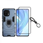 Set protectie 2 in 1 pentru Xiaomi Mi 11cu husa hybrid antisoc cu stand inel si folie sticla fullsize si breloc cadou dark blue