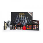 MAKEUP REVOLUTION X GAME OF THRONES 12 DAYS ADVENT CALENDAR: WARM ORANGE SHADOW PALETTE + WARM PINK SHIMMER SHADOW PALETTE + LIQUID SHIMMER SHADOW + SATIN MATTE LIPSTICK + MINI FIXING SPRAY + PRIMER + VOLUME MASCARA + RED BEAUTY SPONGE + COMPACT MIR, Makeup Revolution