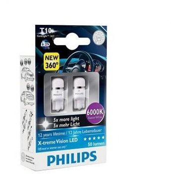 Set 2 Becuri auto auxiliare cu LED Philips X-TremeUltinon W5W, 12V, 1W, 6000K