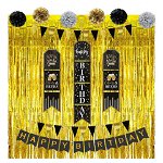 Decoratiuni pentru ziua de nastere LICQIC, poliester/folie, argintiu/auriu/negru, 14 piese